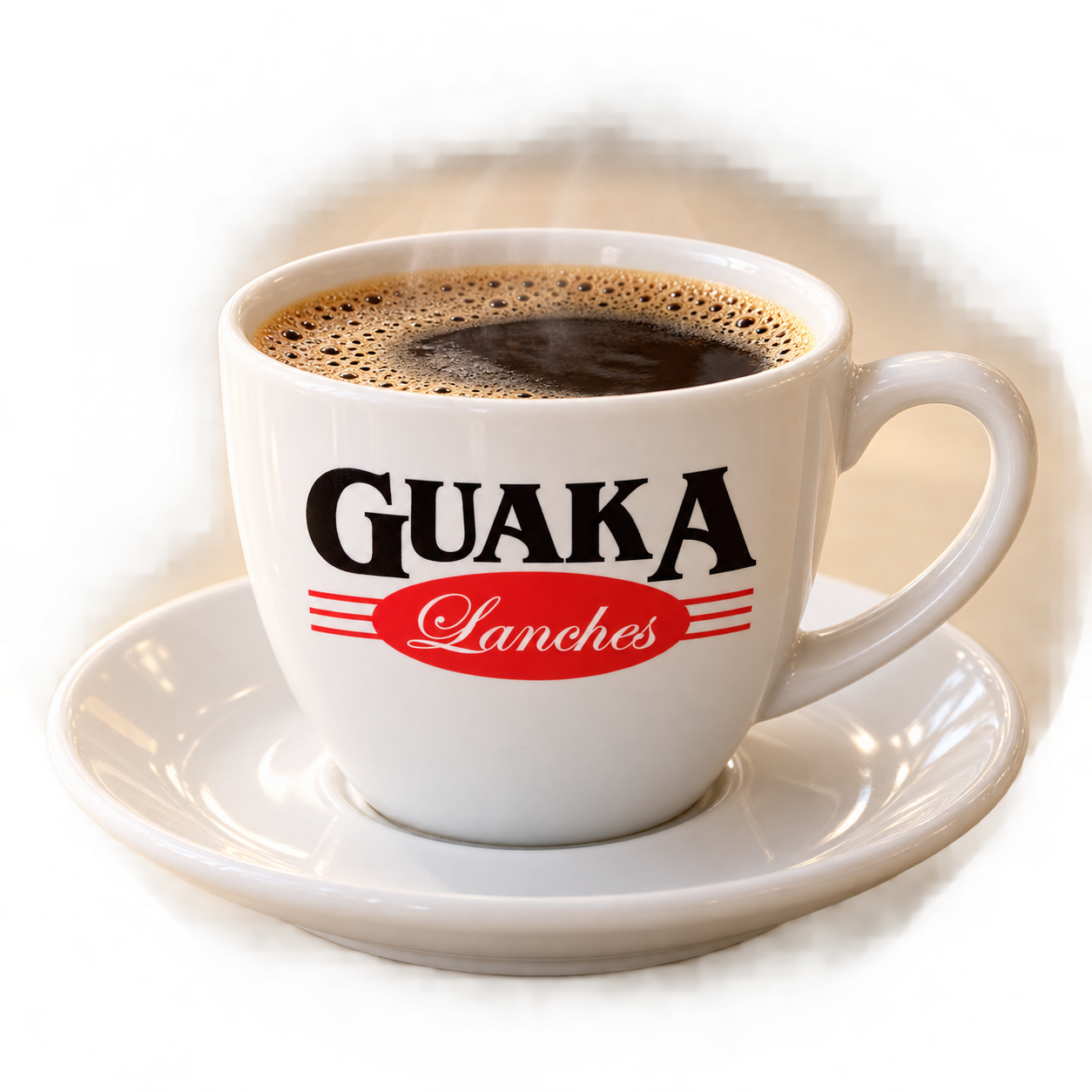 Imagem publicitária de uma xícara de café com a marca Guaka Lanches
