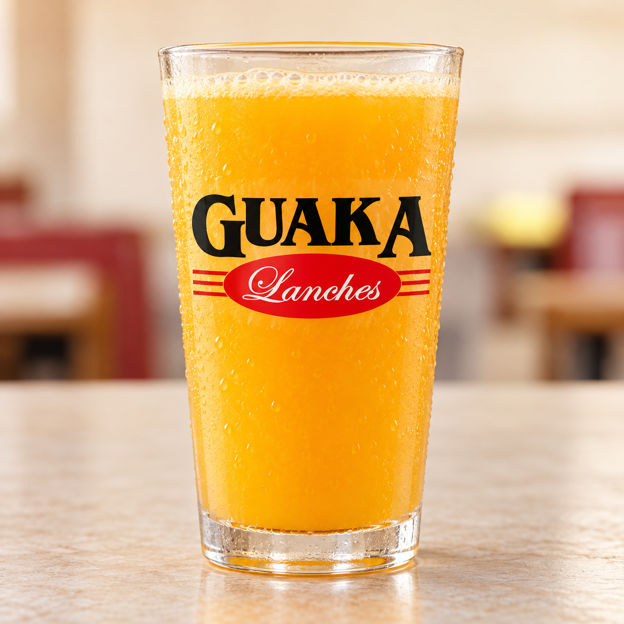 Imagem publicitária de um copo de suco de laranja com a marca Guaka Lanches